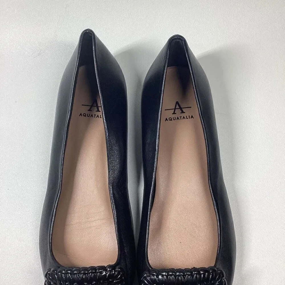Aquatalia Adorned Black Woven‎ Leather Square Toe Flats  Size 7